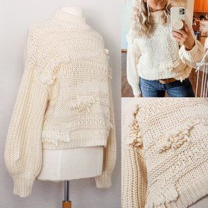 NEW Cream Textured Loop Fringe Balloon Long Sleeves Mock Neck Wool Blend Sweater